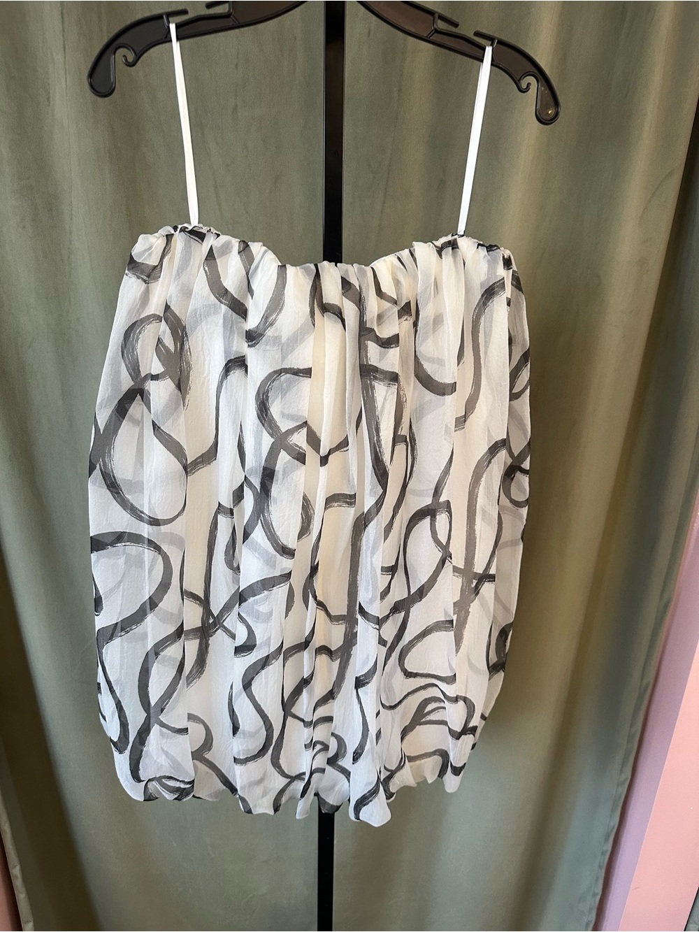 Halston White Sheer Bubble Hem Mini Dress with Black Abstract Swirl